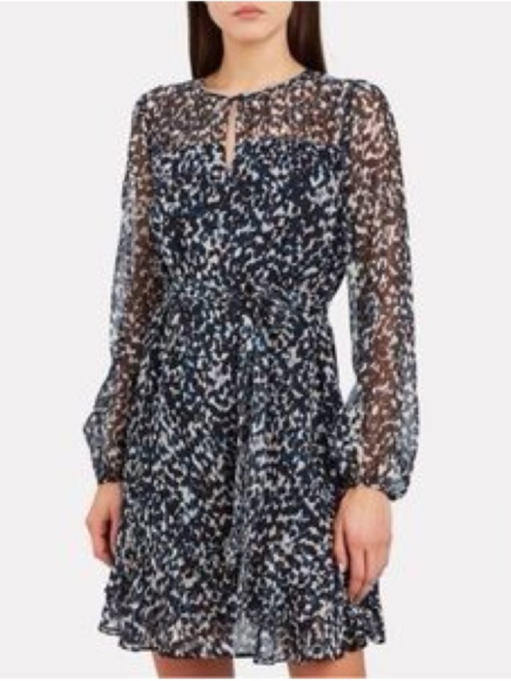 INTERMIX Navy and White Long-Sleeve 100% Silk Tie-Waist Printed Dress